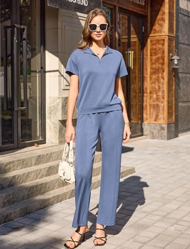 difficort Women's 2 Piece Matching Lounge Sets Summer Lapel Half Zip Sweatshirts Wide Leg Pants Casual Sweat Suit, Haze Blue, Small - Thumbnail 4