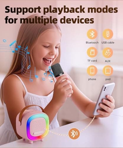 Mini Karaoke Machine Speaker for Kids Adults, Portable Bluetooth with 2 Wireless Microphones, Christmas Birthday Gift Ideas for Toys for Teens Boys and Girls Aged 4, 5, 6, 7, 8, 9, 10, 11, 12+ - Thumbnail 5