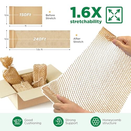 Honeycomb Packing Paper, 12"x150' Brown | Perforated Honeycomb Packing Paper Recyclable Moving Supplies for Shipping & Moving | Plastic-Free Alternative to Bubble Cushion Wrap with 36 Fragile Stickers - Thumbnail 2