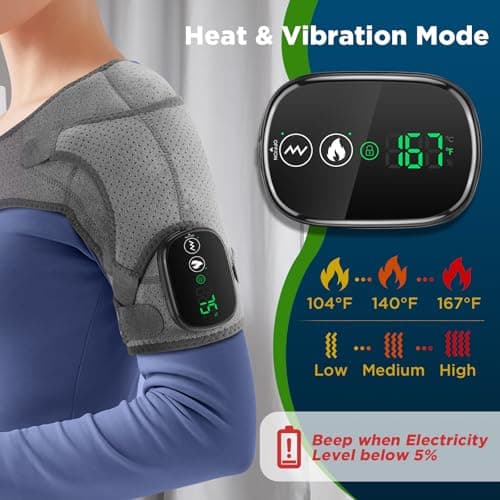 Cordless Shoulder Heating Pad, Heated Shoulder Brace for Men Women Rotator Cuff Pain Relief, Heated Shoulder Wrap with 3 Heat Levels and 3 Vibration Modes for Shoulder Discomfort Relief (Grey) - Thumbnail 3