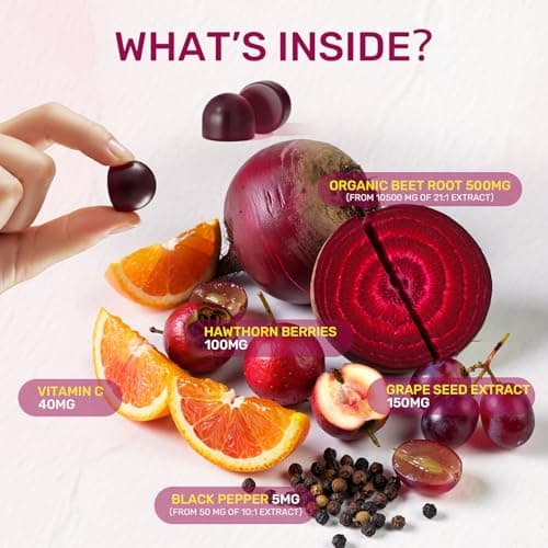 Organic Beet Root Gummies – Nitric Oxide Beetroot Gummies for Circulation, Heart & Energy Support with 21:1 Extract, Grape Seed & Black Pepper for Absorption – Sugar Free, Vegan, Non-GMO丨60 Gummies - Thumbnail 2