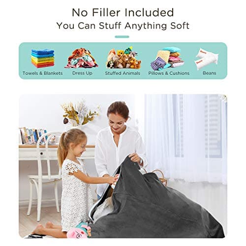 Aubliss Stuffed Animal Storage Bean Bag Chairs Cover, 50"x 35" Extra Large Velvet Bean Bags Chair for Kids & Adults, Ultra Soft Zipper Beanbag Toy Storage for Boys Girls - Darkgrey - Thumbnail 2