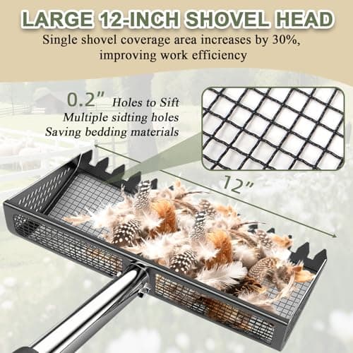 XOTTI 12 Inch Large Chicken Poop Scooper & Rake 2-in-1, Metal Chicken Coop Scoop with 36 to 75" Adjustable Stainless Steel Handle, Durable Sand Litter Sifting Shovel for Farm Animals - Thumbnail 3