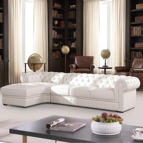 Chesterfield Italian Leather Sectional Sofa – Handcrafted L-Shape Genuine Couch with European Pattern, Button Tufted – Full-Grain Leather Living Room Furniture (Creamy White, Left Hand Facing)