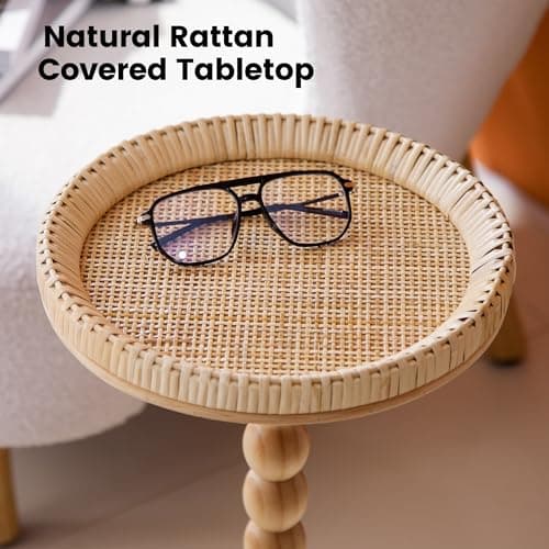 HuiDao Drink Table，Rattan Round Small Side Table for Small Spaces, Boho Circle End Table Coffee Table with Solid Wood Leg for Living Room, Pedestal Table for Bedroom, Corners - Thumbnail 3