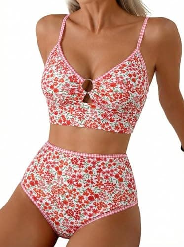 Herseas Women's High Waisted Bikini Sets O Ring Cutout Push Up Two Piece Swim Suits Stitch Floral Print Ladies Bathing Suit Slimming Beach Vacation Outfits 2026 Summer XX-Large - Image 1