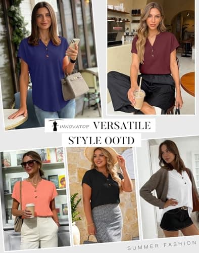 INNOVATOP 2 Pack Womens T Shirts V Neck Short Sleeve Henley Tops Work Business Casual Blouses Summer Dressy Casual Clothes Black/White - Thumbnail 5