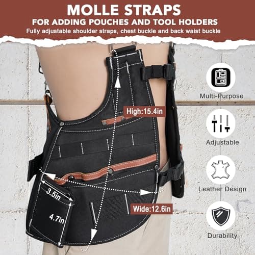 KUNN Leather Tool Vest for Men – Adjustable 37-Pocket Work Vest for Electricians, Carpenters, and Construction Workers - Thumbnail 4
