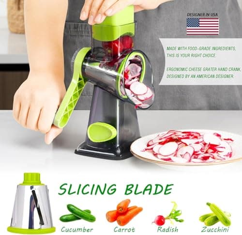 Eleko Meyar Cheese Grater with Handle, Multifunctional Manual Rotary Cheese Grater - Cheese Shredder Easily Chop Carrots, Potatoes, Vegetables and Fruits and Easy to Clean (Turquoise) - Thumbnail 2