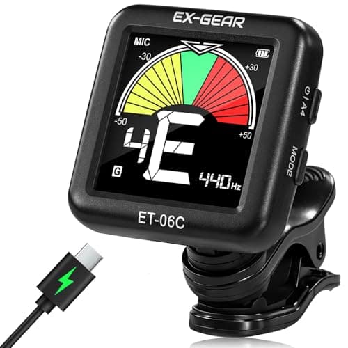 EX-GEAR Professional Guitar Tuner Clip On, Quick & Accurate Tuning with Large LCD Screen, 360° Rotatable Rechargeable Acoustic Guitar Electric Guitar Bass Ukulele & Chromatic Tuner