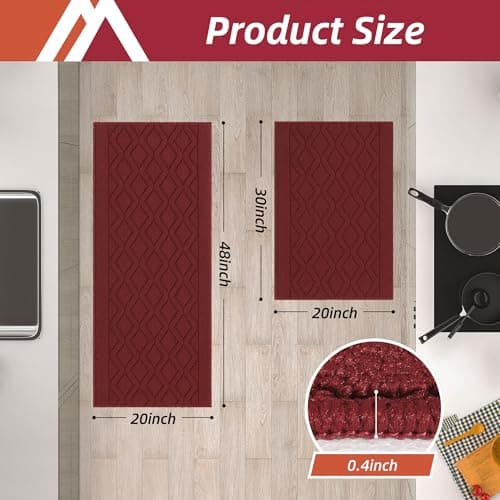 COSY HOMEER 48x20 Inch/30X20 Inch Kitchen Rug Mats Made of 100% Polypropylene 2 Pieces Soft Kitchen Mat Specialized in Anti Slippery and Machine Washable,red - Thumbnail 6