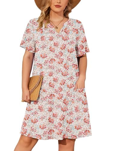 AusLook Plus Size Midi Dress for Women V Neck Short Sleeve Summer Casual Loose Fit Vacation 4X Sundress with Pockets - Image 1