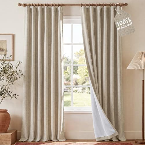 NICETOWN DIY Pinch Pleat Greige 100% Blackout Linen Curtains 96 inches Long, Back Tab/Rod Pocket/Hook Belt Heavyweight Window Treatments White Liner for Bedroom, 2 Panels, W52 x L96 - Image 1