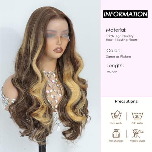 Barbique 26 Inch Highlight Synthetic Lace Front Wig for Black Women, 13x6 HDLace Pre Plucked with Baby Hair, Long Wavy Heat Resistant Hair, Natural LookGlueless Wig Suitable for Daily Party Wear - Thumbnail 2
