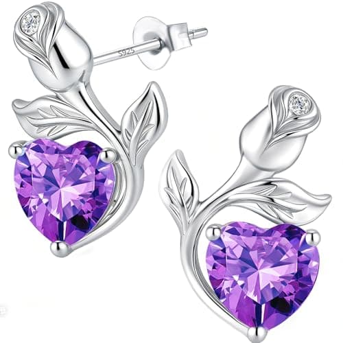 JACUPO 0.8CT Rose Heart Earrings Option of Sapphire Moissanite Stud Earrings Lab-Grown Earrings Birthstone Earrings for Women S925 Sterling Silver Post D Color VVS1 Clarity Ideal Gift for Wife Mother for Birthday Anniversary Valentine's Day Conveying I Love You Message (Feb Amethyst Silver)