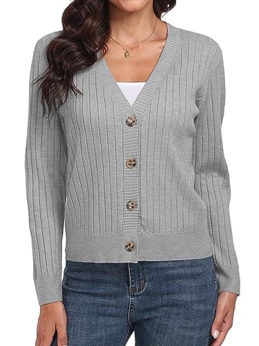 Women's Light Grey Casual Dressy Stirped Cardigan with V Neck Button Sweaters Crew Neck Lady Lightweight Jacket 2024 Fall Winter Size L - Image 1