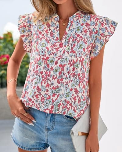Zenlonr Womens Dressy Casual Tops 2026 Summer Ruffle Cap Sleeve V Neck Shirts Boho Floral Blouses Vacation Outfits(Floral Beige Multi,X-Large) - Thumbnail 6