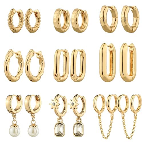 9 Pairs Gold Chunky Hoop Earrings Set for Women, 14K Plated Twisted Huggie Earring Hypoallergenic, Lightweight Thick Open Hoops Jewelry Gifts. (B-9 Earrings) - Image 1