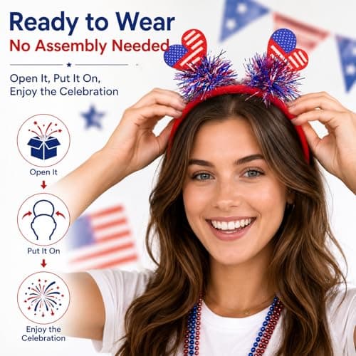 Oeyliz 4th of July Headband Memorial Day Accessories Independence Day Headbands Patriotic Hair Accessories Red White Blue Heart-Shaped Headband 4th of July Headbands Independence Day Party Supplies - Thumbnail 5