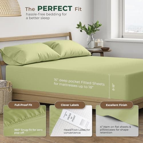 THREAD SPREAD 100% Organic Cotton Sheets King Size - 4 PC Organic Cotton King Percale Weave Sheet Set, Soft, Cooling, Crisp & Breathable, 16" Deep Pocket Hotel Quality Bedding Set - Sage Green - Thumbnail 4