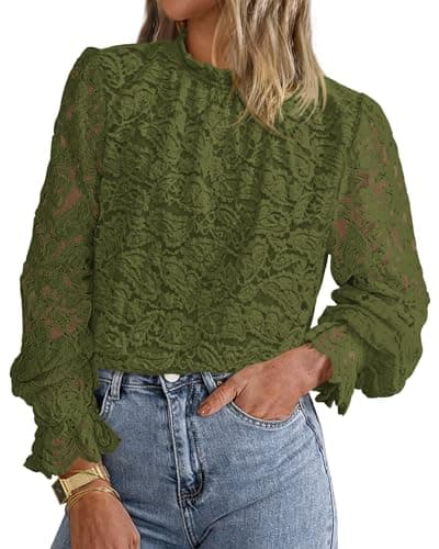 KIRUNDO Lace Tops for Women Dressy Causal 2026 Early Fall Fashion Ruffle Long Sleeve Mock Neck Blouses Shirts(Army Green, X-Large) - Image 1