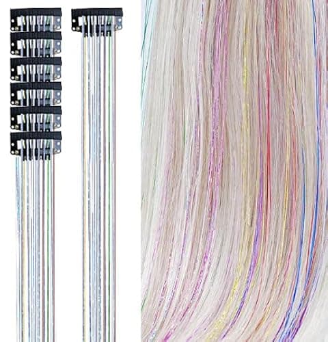 Hair Tinsel 12Pcs Clip in Hair Tinsel Extensions 20.5 Inch Fairy Hair Tinsel Kit for Girls Women Kids Glitter Hair Accessories for Christmas Halloween Cosplay Party (Seven colors 1)