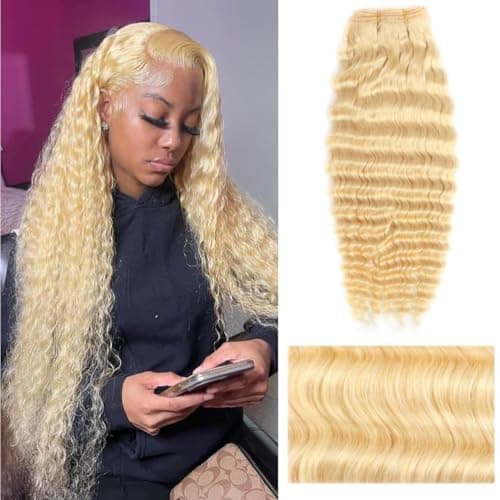 12A 613 Blonde Deep Wave Human Hair Bundles 20Inch 100% Unprocessed Brazilian Virgin Hair Extensions, Soft Double Weft Weave Curly Deep Wave Bundles Human Hair for Women - Image 1
