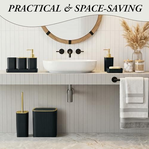 Bathroom Accessories Set-9PC Set with Toilet Brush, Trash Can, Soap Dispenser, Q-Tip Holder | Modern Home Bath Essentials (Black, Bath Set) - Thumbnail 2