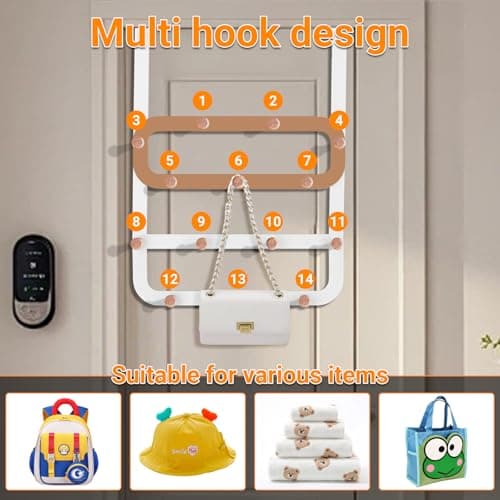 Dycoony Over The Door Hooks for Kids Backpacks - 21.5" Extra Long Door Hanger Low Reach, 14 Wooden Ball Coat Rack for Nursery Bedroom Bathroom, White & Orange Purse Bag Towel Holder Organizer - Thumbnail 5