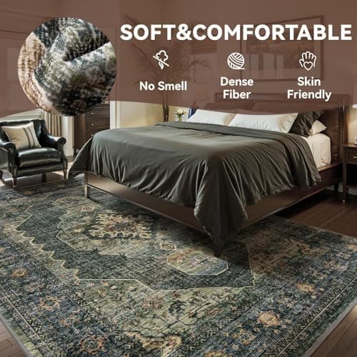 Olive Green 5x7 Area Rugs for Living Room Bedroom Rug Washable Soft Vintage Neutral Farmhouse Dining Room Office Rug Carpet Water Repellent Easy Care Non Slip - Thumbnail 2
