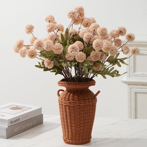 trytuny Fake Fall Flowers for Vase, Faux Silk Kiku Mums, Artificial Pom pom Floral Bouquets Indoor Centerpiece Office Coffee Table Boho Home Decorations (9, Khaki) - Thumbnail 6