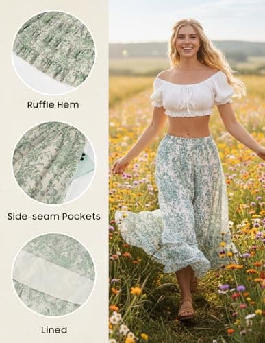 Maxi Skirts for Women Floral Chiffon Elastic High Waist Flowy Ruffle Long Skirt with Pokets Green Floral S - Thumbnail 6