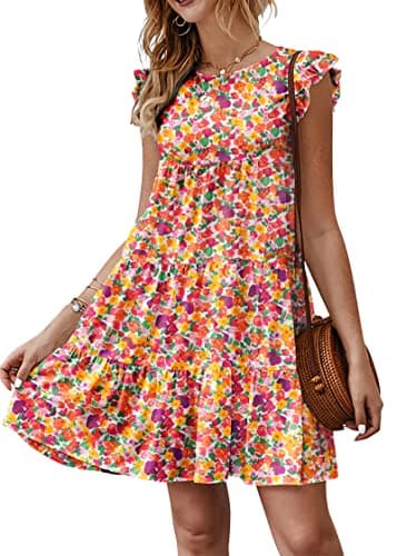 KIRUNDO Boho Dresses for Women 2026 Summer Casual Ruffle Sleeveless Floral Round Neck Loose Short Flowy Pleated Babydoll Dress Vacation Outfits, Floral3- White Orange, X-Large - Image 1