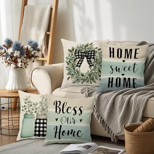BBOLDIN Farmhouse Spring Throw Pillow Covers 18x18 Couch Cushion Covers, Rustic Country Buffalo Plaid Sofa Couch for Home Room Porch, Pastel Classic Flower Pillow Cases Decor Set of 4 - Thumbnail 6