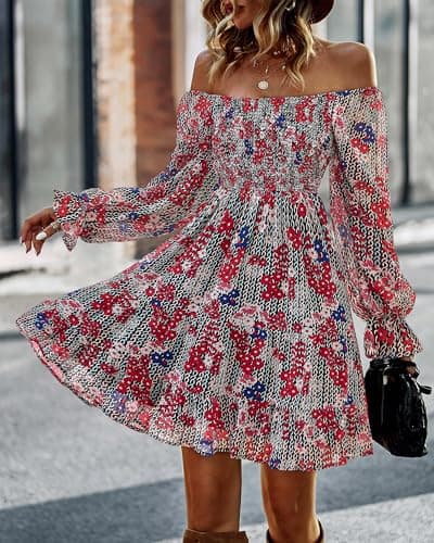 BTFBM Womens Long Sleeve Dress Summer Vacation Square Neck Smocked Floral Mini Boho Fall Wedding Guest Dresses 2026(Print Flower Red, Large) - Thumbnail 2