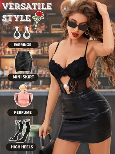 Tidouk Women's lingerie Sets Sexy Lace Lingerie Bodysuit with Detachable Mesh Mini Skirt Garter Lingerie Set（Black,Medium - Thumbnail 5