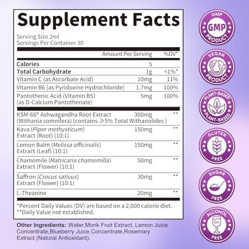 Cortisol Supplements for Women, Cortisol Reducer Manager Detox with KSM-66® Ashwagandha, Kava, Lemon Balm & Vitamin C B5 B6, Lower Cortisol, Hormone Harmony Liquid Drops, 2 FL.OZ, Blueberry Flavor - Thumbnail 4