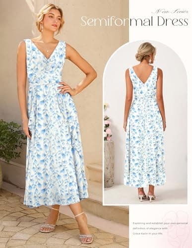 GRACE KARIN Women's Summer Sleeveless Maxi Dress V Neck Floral Wedding Guest Dress Beach Vacation Clothes White Blue M - Thumbnail 5