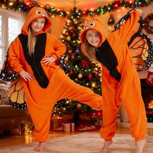 CWDGAGANB Kids Orange Monarch Butterfly Onesie Pajamas Butterflies Costume Halloween Costumes Cosplay Sleepwear for Girls Boys 120cm - Thumbnail 2