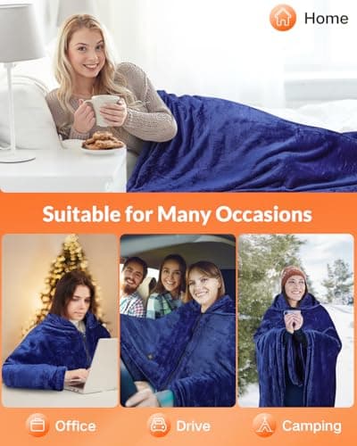 Girasol Cordless Wearable Heated Blanket, 10000mah Heated Blanket Battery Operated with Hood, USB Heating Throw Shawls Portable Electric Blanket with 3 Heating Levels for Home Office Outdoor(Navy) - Thumbnail 4