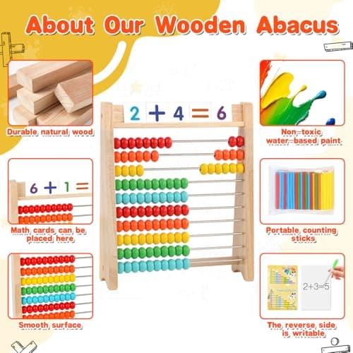 Wooden Abacus for Kids Math Games for Kids 5-7 Abacus Counters Homeschool Counting Toys for 3-5 6-8 Boys Girls Gifts Math Manipulatives Educational Learning Toys for 4 Year Old with Number Cards 1-100 - Thumbnail 6