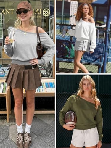 ATHMILE Womens Brown Off the Shoulder Sweatshirt Crop Top Long Sleeve Pullover Comfy Sexy Y2K Casual Fall Outfits 2026 - Thumbnail 4