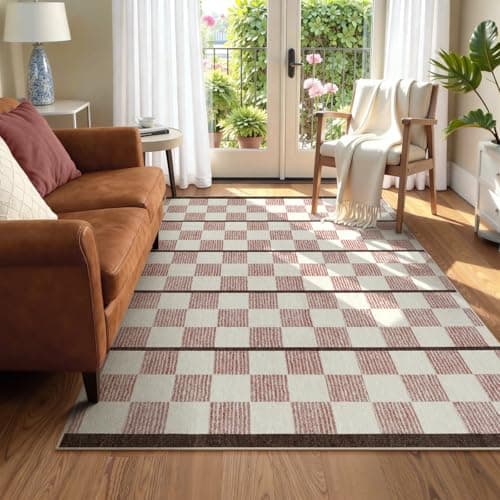 STARUIA Checkered Area Rug 5x7, Washable Geometric Plaid Rug for Living Room Non Slip Soft Modern Checkerboard Rug, Low Pile Carpet for Bedroom Nursery Dining Room Home Office (Pink, 5'x7')