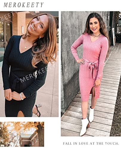 MEROKEETY Women's 2025 Fall Long Sleeve Bodycon Sweater Dress Winter V Neck Cable Knit Slit Midi Dresses, Dustypink, M - Thumbnail 5