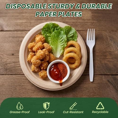 Yarmchahk Disposable Paper Plates, 6 inch Heavy Duty Paper Plate, Soak and Cut Proof, Natural Biodegradable Bagasse Plates for Microwave, Dinner, Party, Picnic,50 Pack - Thumbnail 2