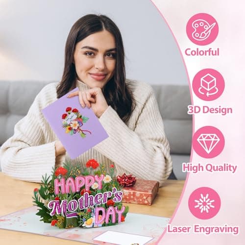 FaCraft 3D Pop Up Mothers Day Card - Handmade Red Carnations & Daisies Flower Greeting Card with White Pearlescent Envelope, Blank Insert, Seal, for Best Mom, Wife, Grandma, Daughter - Thumbnail 4