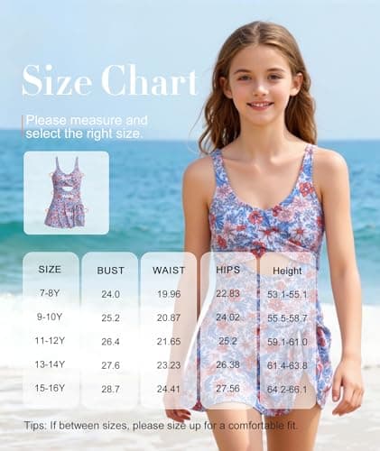 MFAVIP Girls One Piece Swimsuits Floral Bathing Suit for Teens V Neck Ruffle Straps Swimsuit Dress Size 9-16 - Thumbnail 5