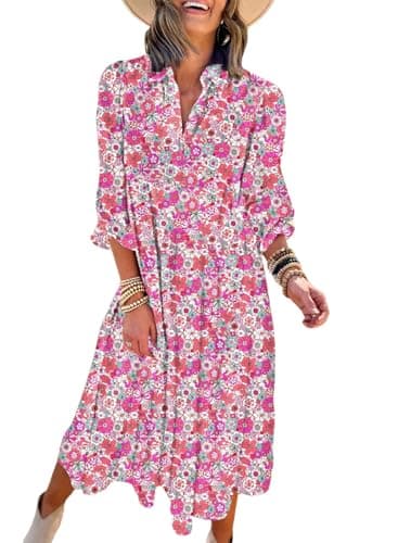 Dokotoo Women's Long Sleeve Maxi Dress 2026 Trendy Spring Boho Printed V Neck Long Evening Dress Flowy Ruffle A Line Cocktail Party Summer Beach Swing Dresses Small Rose - Image 1