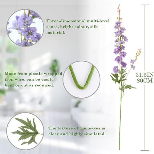 LILUYTO 6PCS Purple Delphinium Artificial Flowers, Long Stem Faux Larkspur Silk Flowers, 33.5" Bendable Fake Flowers Bouquets for Tall Vase Table Kitchen Home Offices Garden Wedding Decor - Thumbnail 2