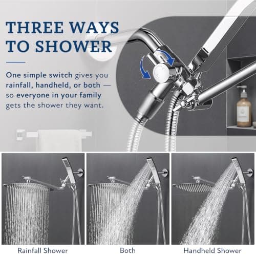 G-Promise All Metal 14 Inch Dual Square Shower Head with Handheld Spray Combo, Rain Shower Head, Adjustable Extension Arm, 3-Way Diverter, 71 Inch Extra Long Hose - A Bathroom Upgrade (Chrome) - Thumbnail 4